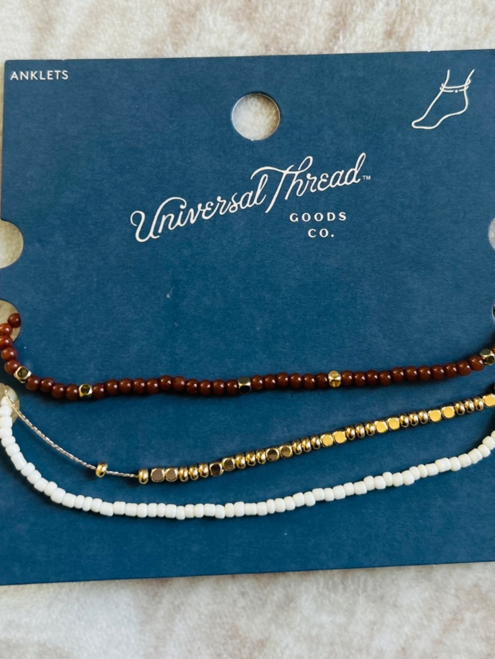 Universal Thread Beaded Anklet Set Brown Gold White NWT
